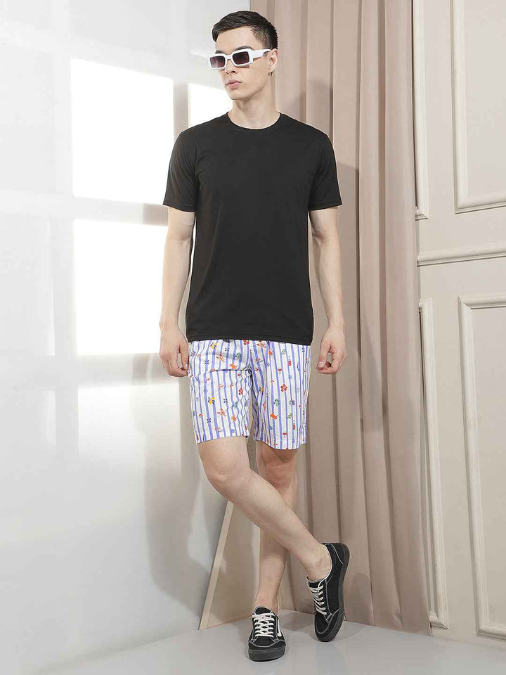 Blue 100% Cotton Vertical Striped Lounge Shorts
