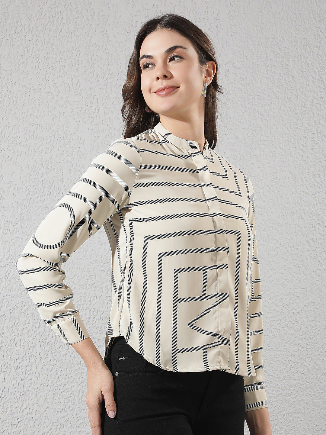 Beige Printed V-Neck Shirt