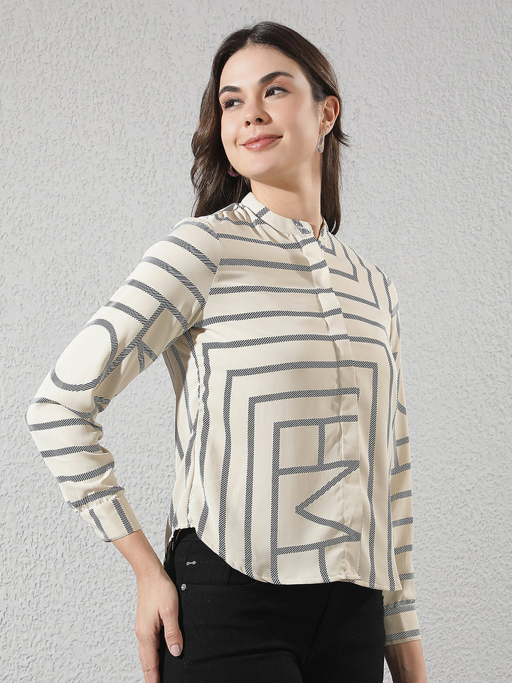 Beige Printed V-Neck Shirt