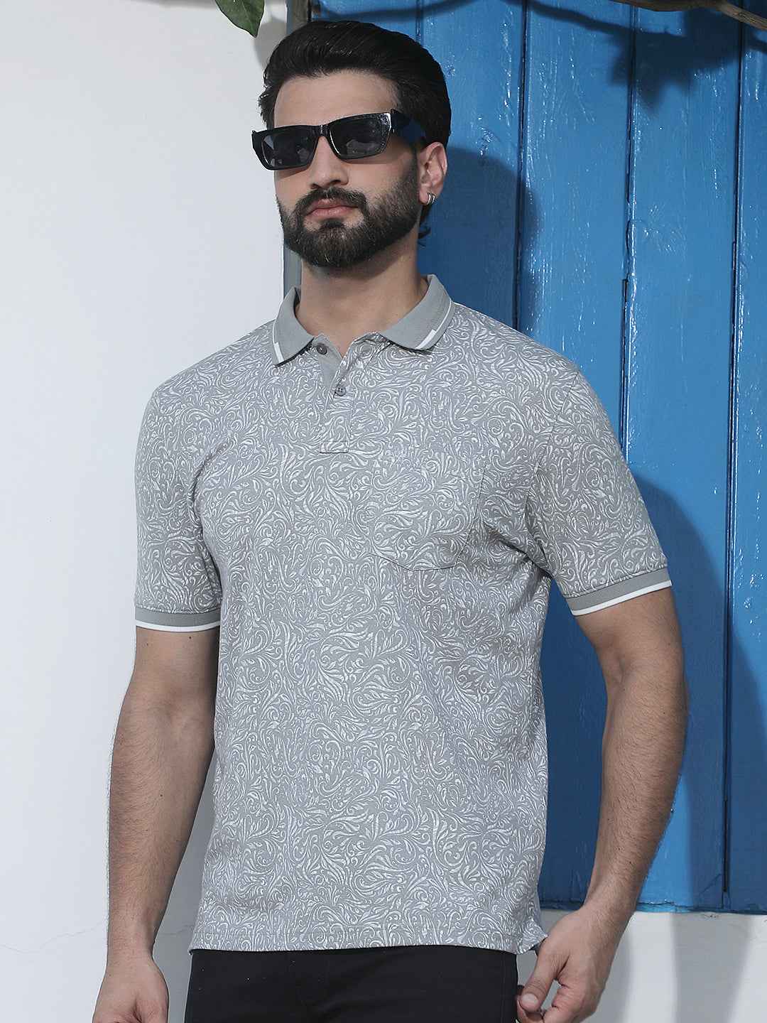 Grey Printed Polo Neck T-Shirt
