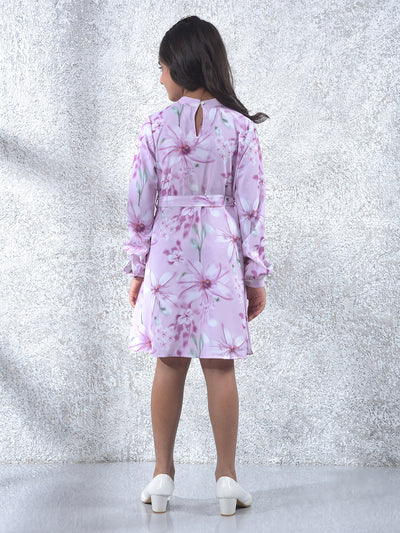 Purple Floral Print A-Line Dress With Belt