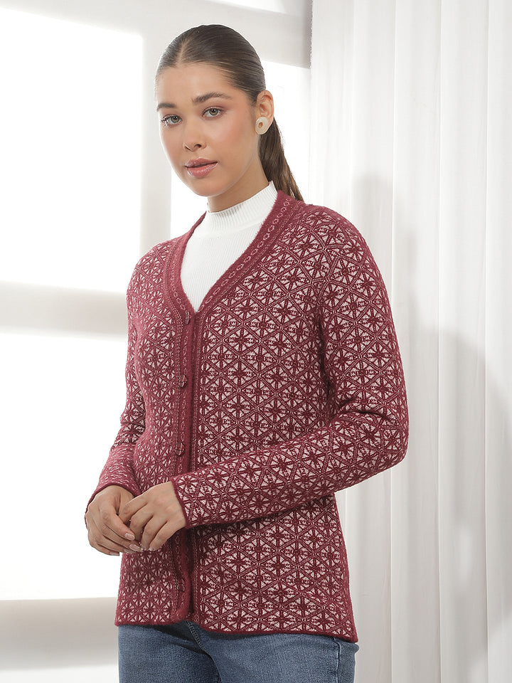 Maroon Geomatric Print V-Neck Cardigan