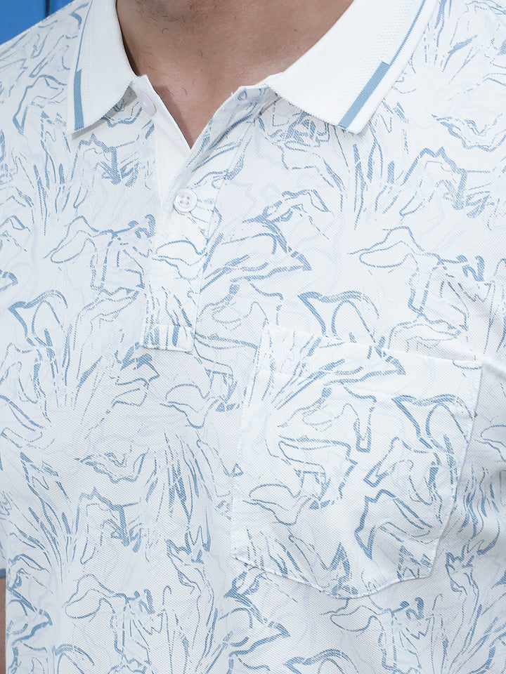 White Floral Print Polo Neck T-Shirt