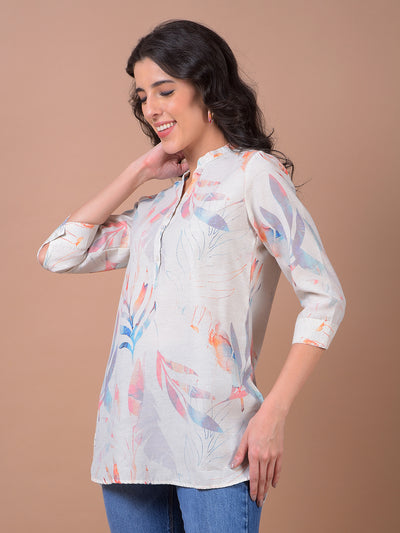 Orange Floral Print V-Neck Linen Top