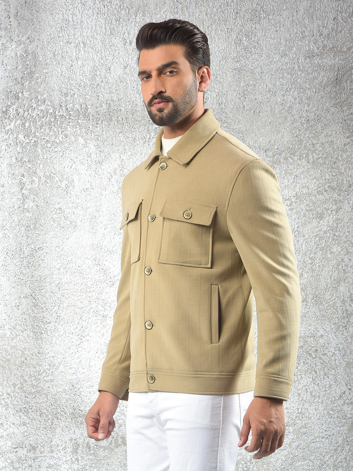 Beige Vertical Stripes Double Front-Pocket Shacket