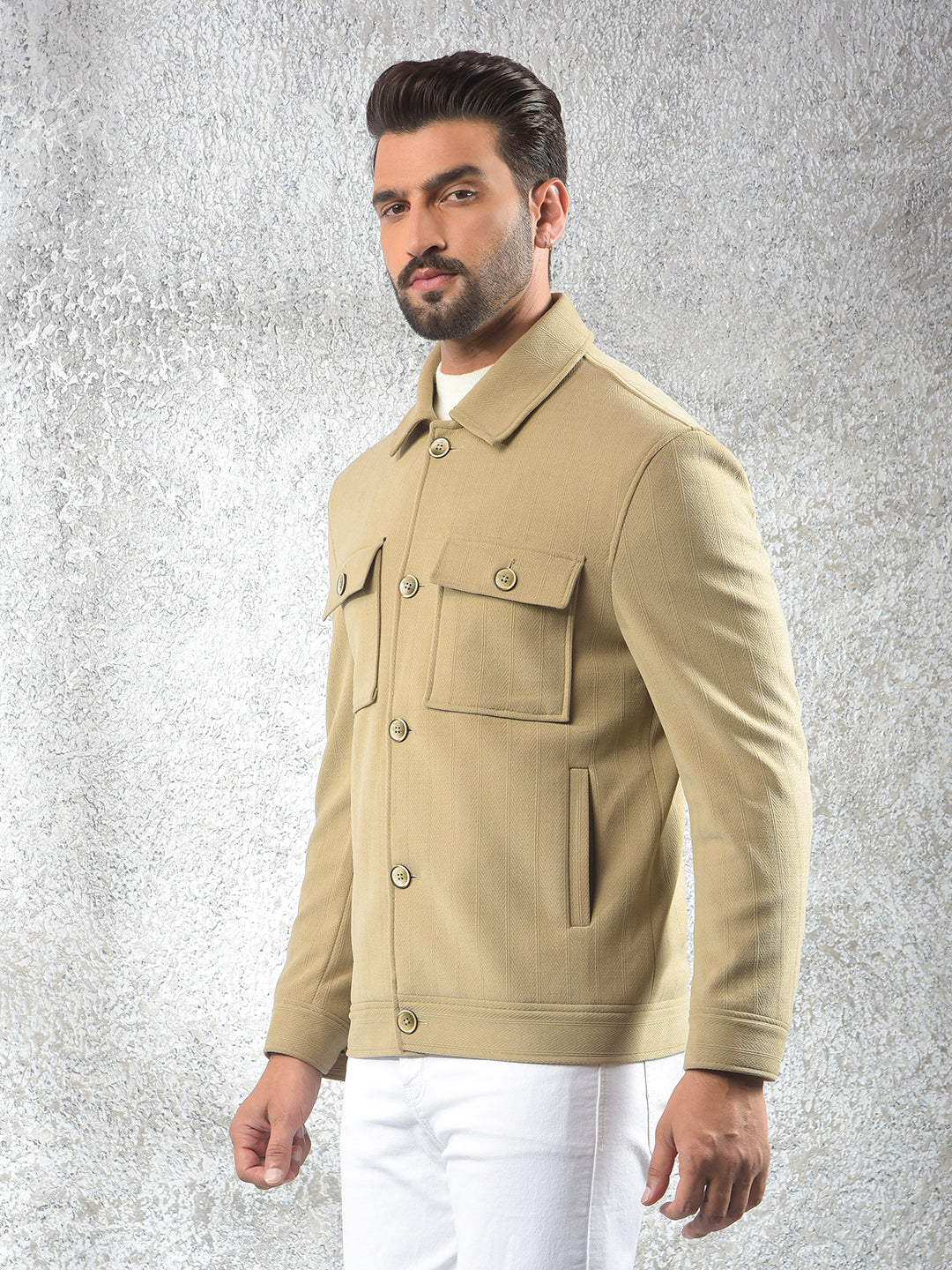 Beige Vertical Stripes Double Front-Pocket Shacket