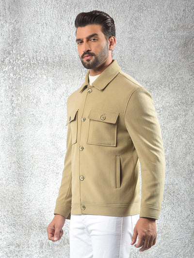 Beige Vertical Stripes Double Front-Pocket Shacket