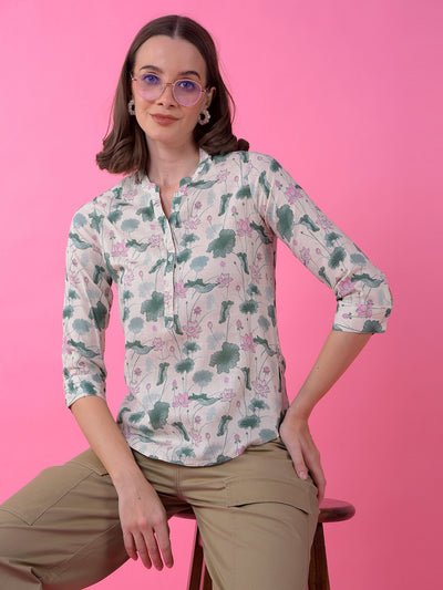 Green Printed V-Neck Linen Top