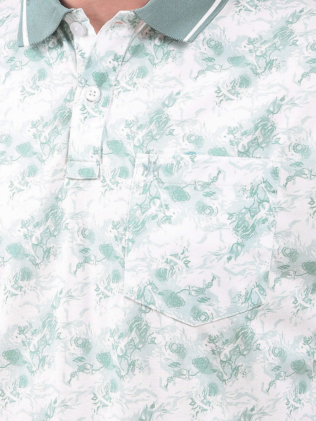 Green Floral Print Polo Neck T-Shirt