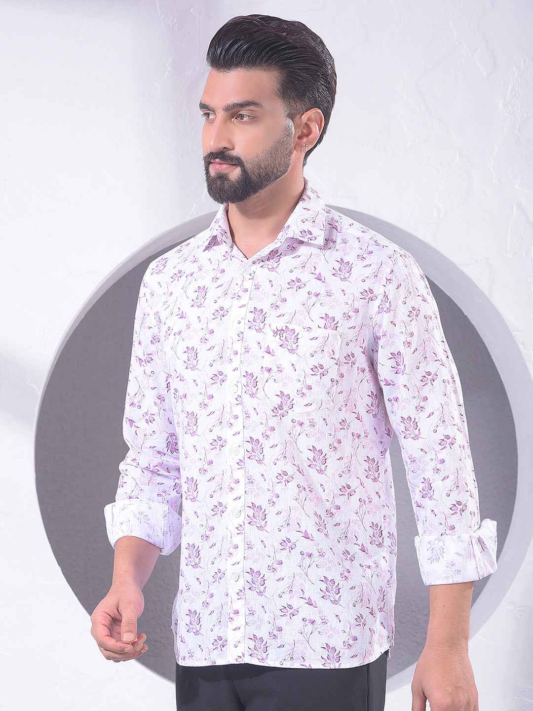 Pink Floral Print Linen Shirt