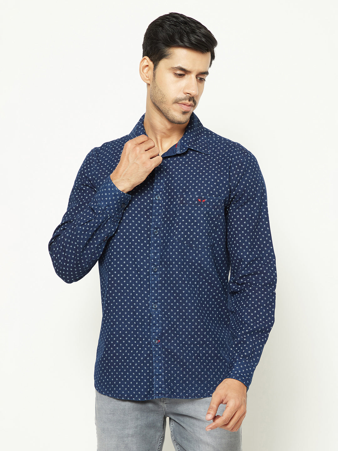 Navy Blue Floral Print 100% Cotton Shirt