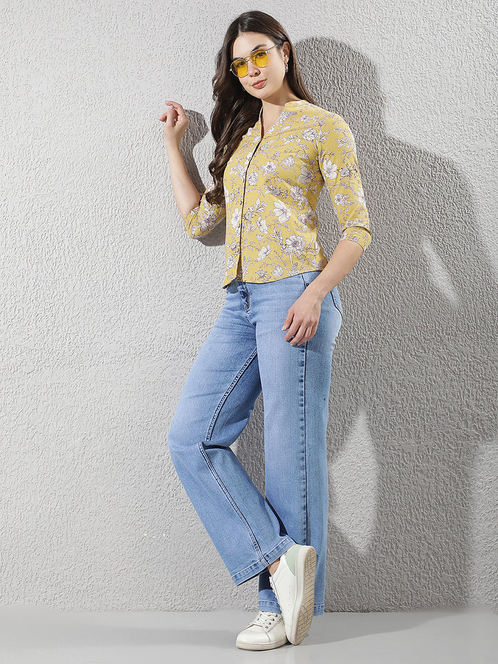 Wine Floral Print V-Neck Linen Shirt