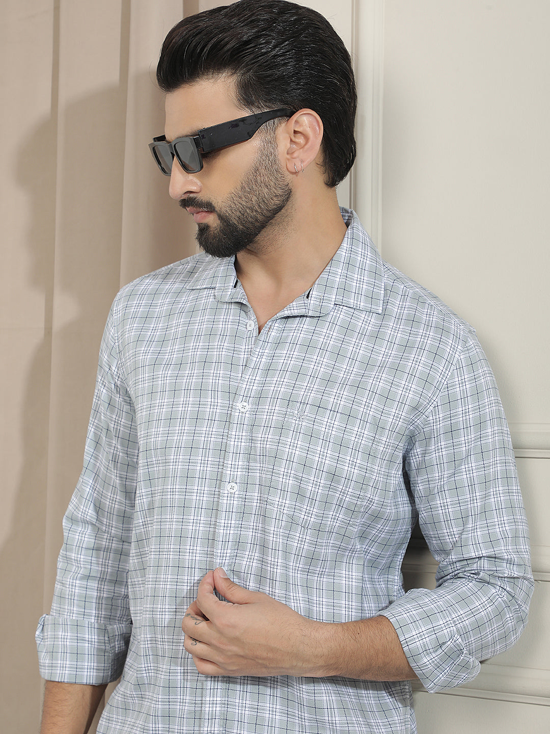 Grey 100% Cotton Checked Shirt