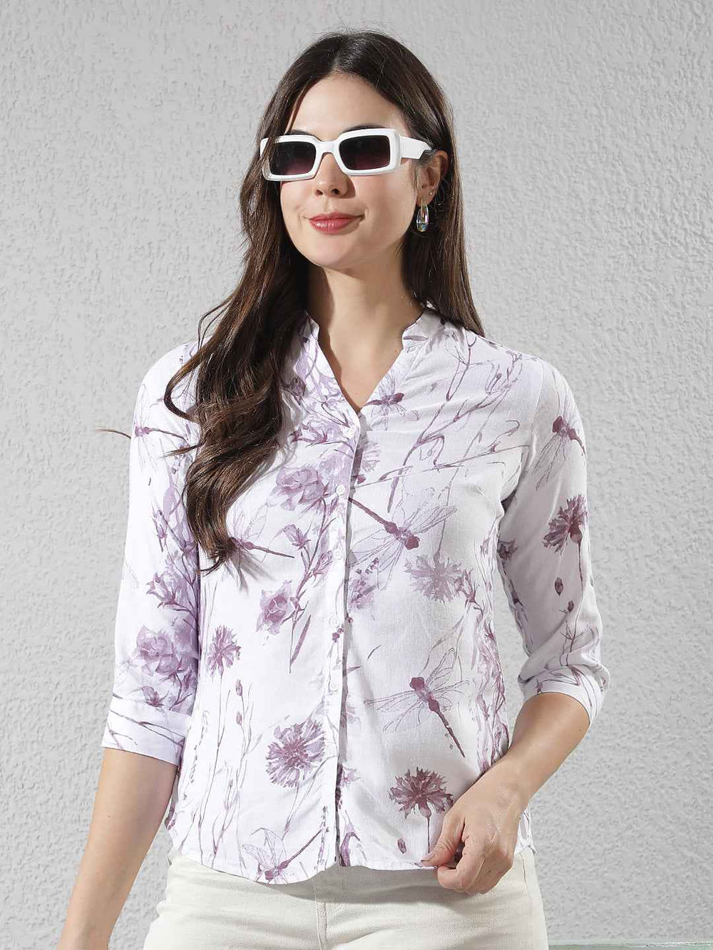 Purple Floral Print V-Neck Linen Shirt