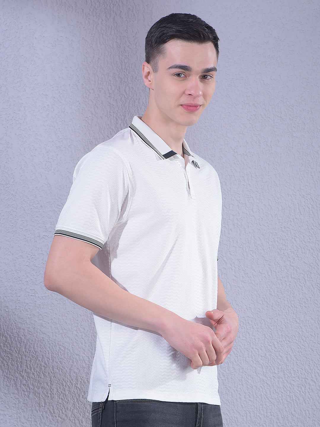 White Jacquard Polo Neck T-Shirt