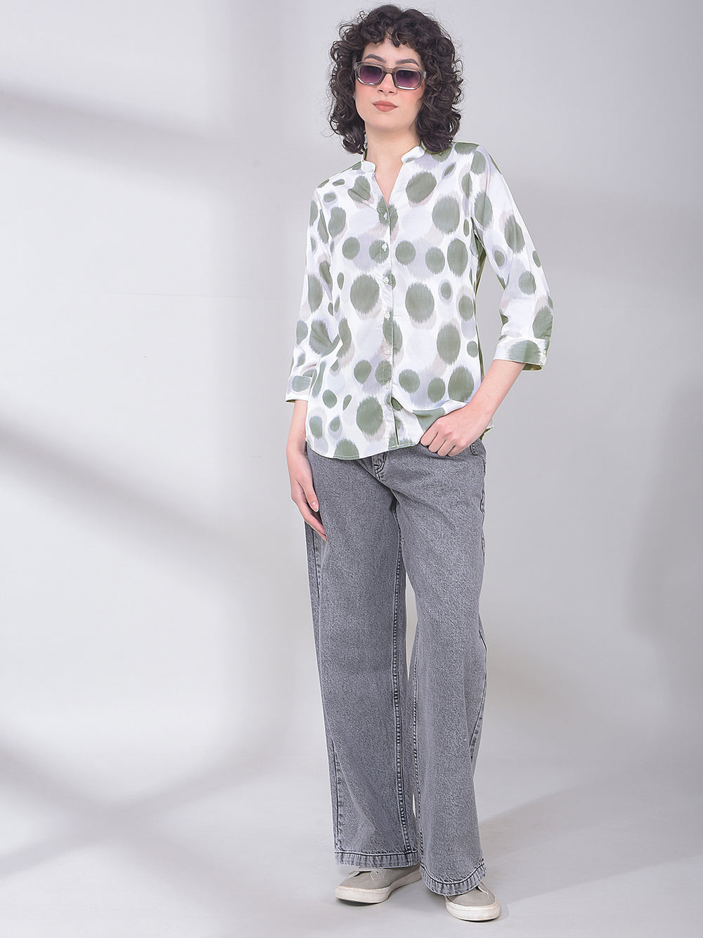 Sage Green Polka Dot Casual Shirt-Women Shirts-Crimsoune Club