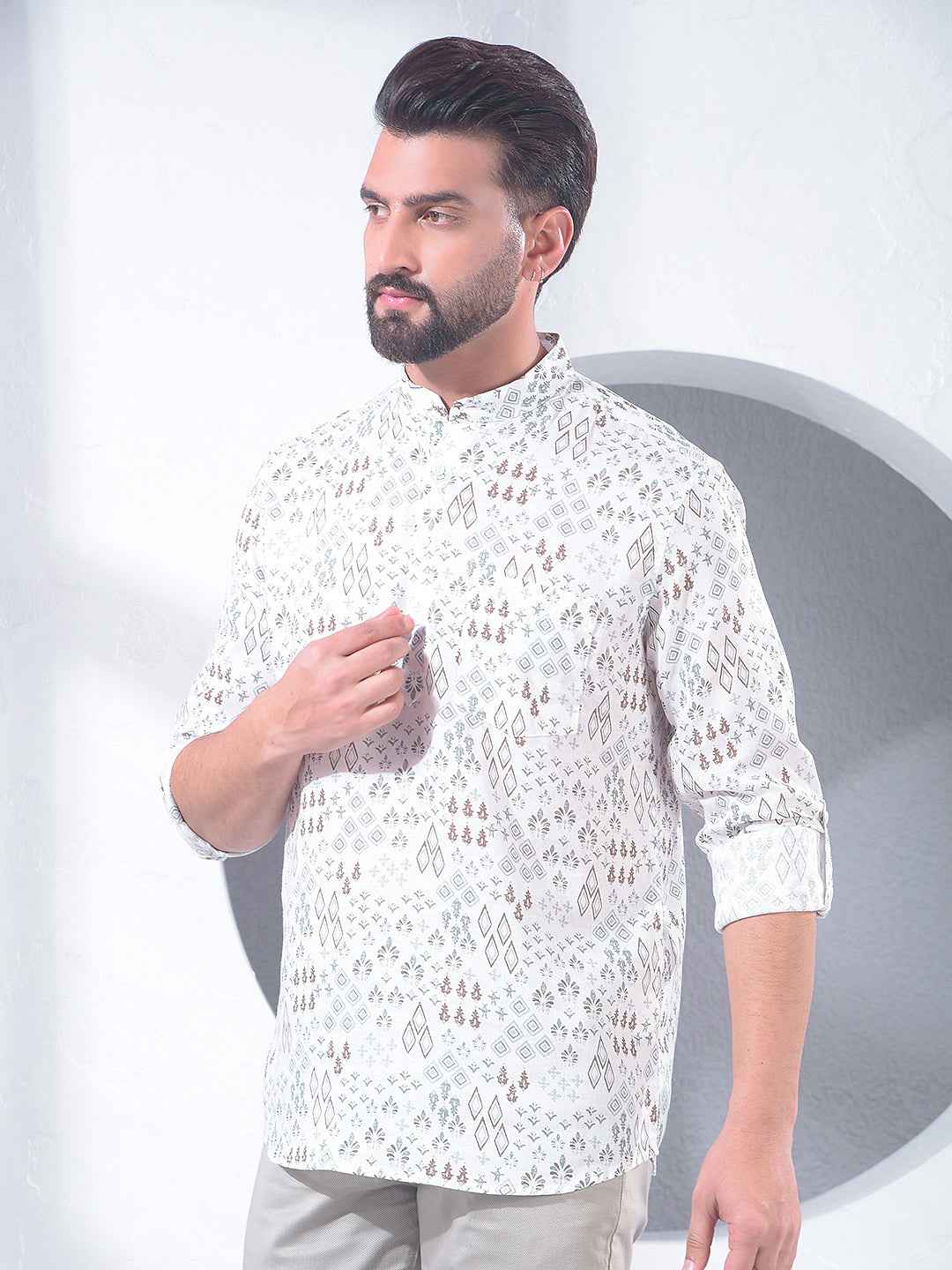 White Printed Linen Kurta