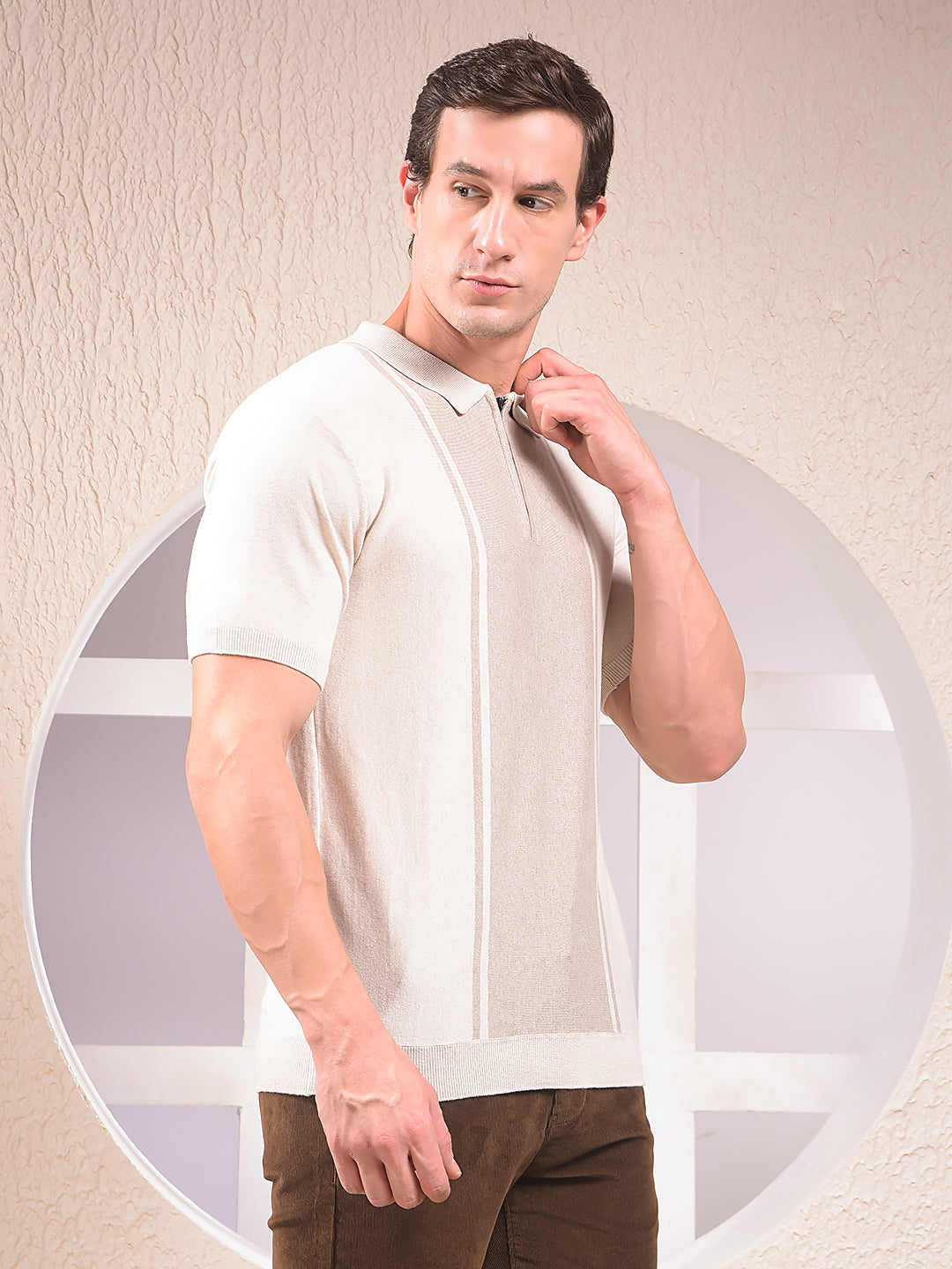 Beige Vertical Stripes Polo Neck T-Shirt