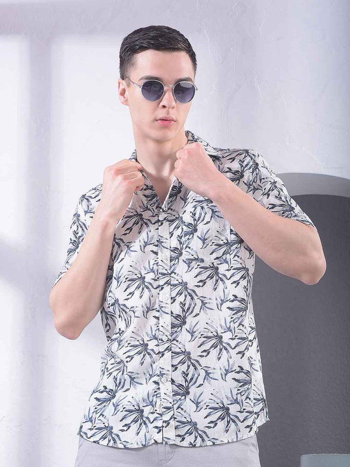 Blue Floral Print Linen Shirt