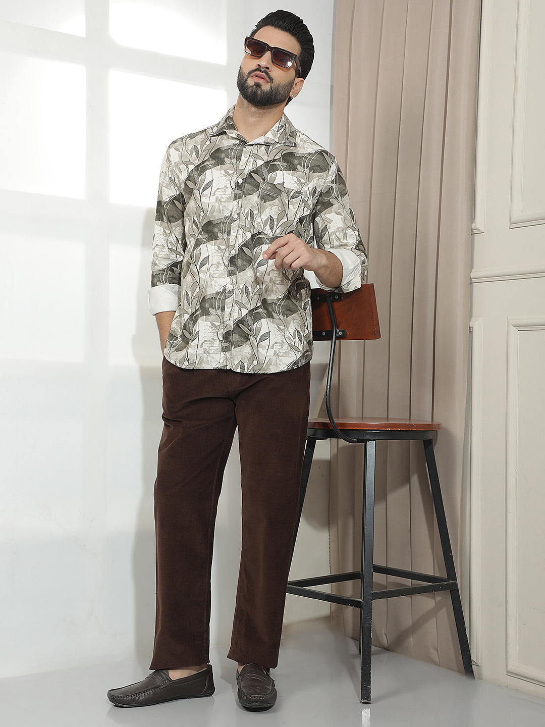 Brown 100% Cotton Botanical Printed Corduroy Shirt