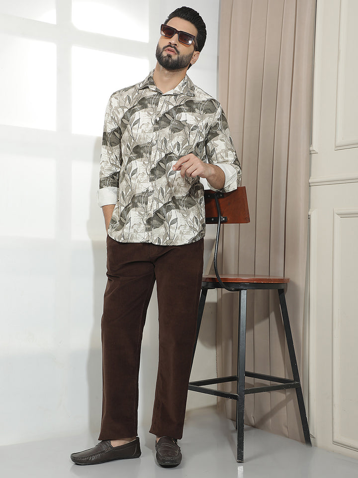 Brown 100% Cotton Botanical Printed Corduroy Shirt