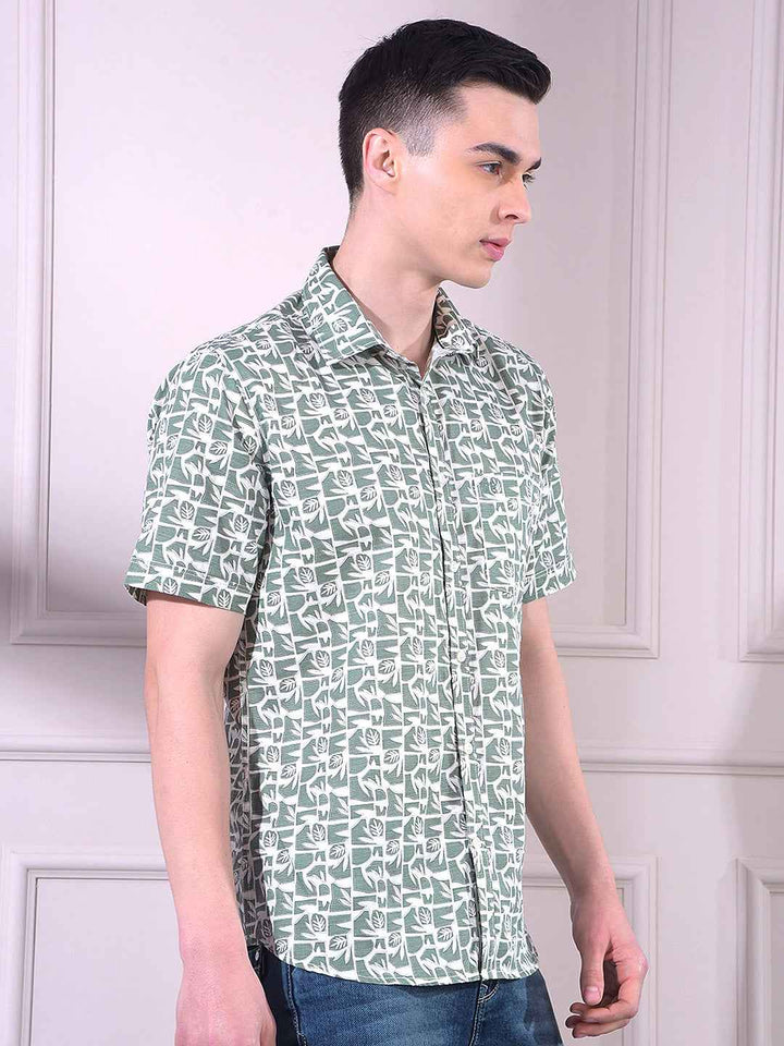 Green Linen Floral Print Shirt