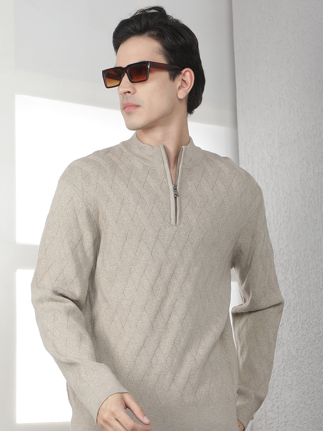 Beige Jacquard High Neck Sweater