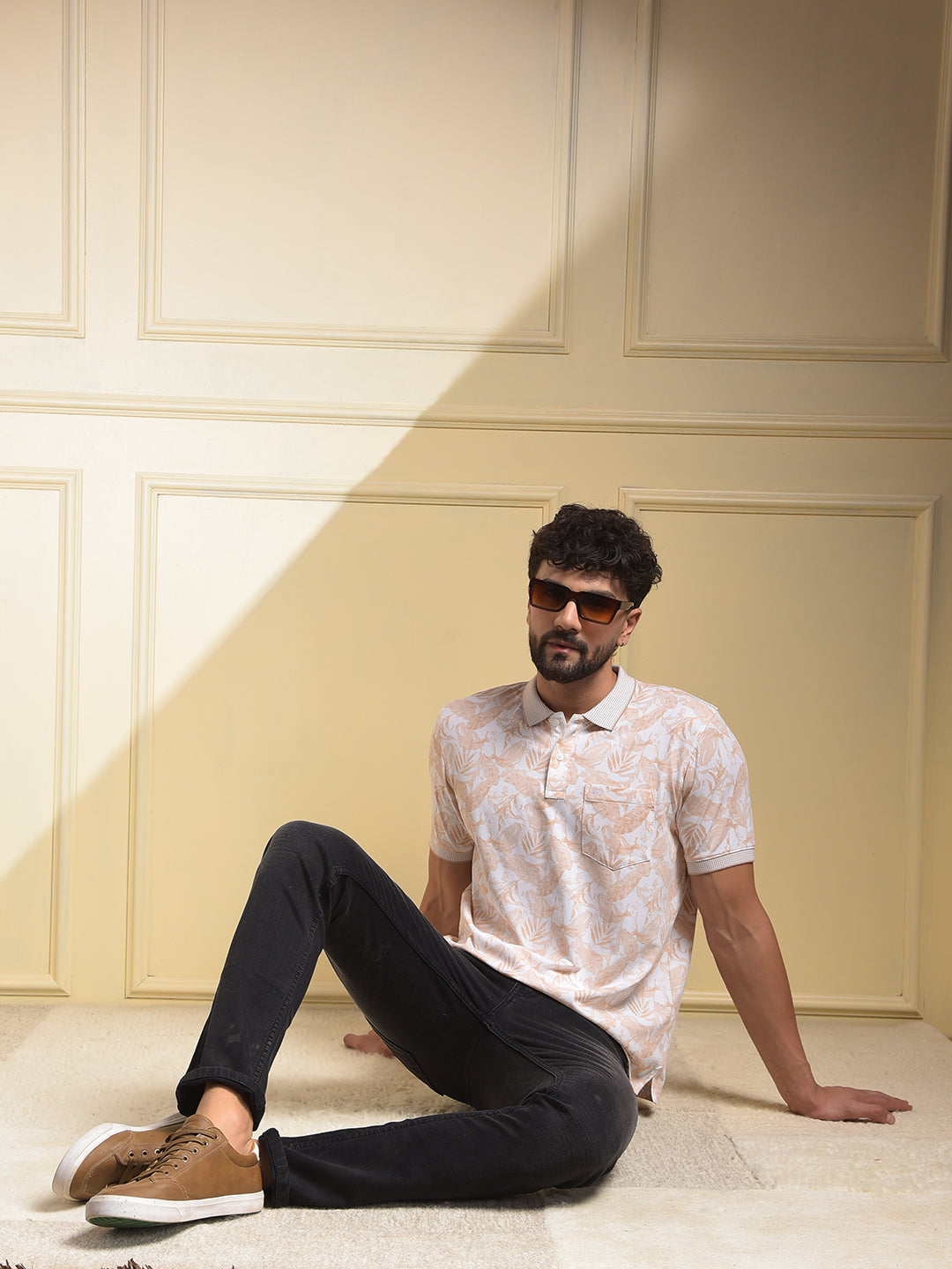 Peach Floral Print Polo-Neck T-Shirt