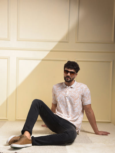Peach Floral Print Polo-Neck T-Shirt