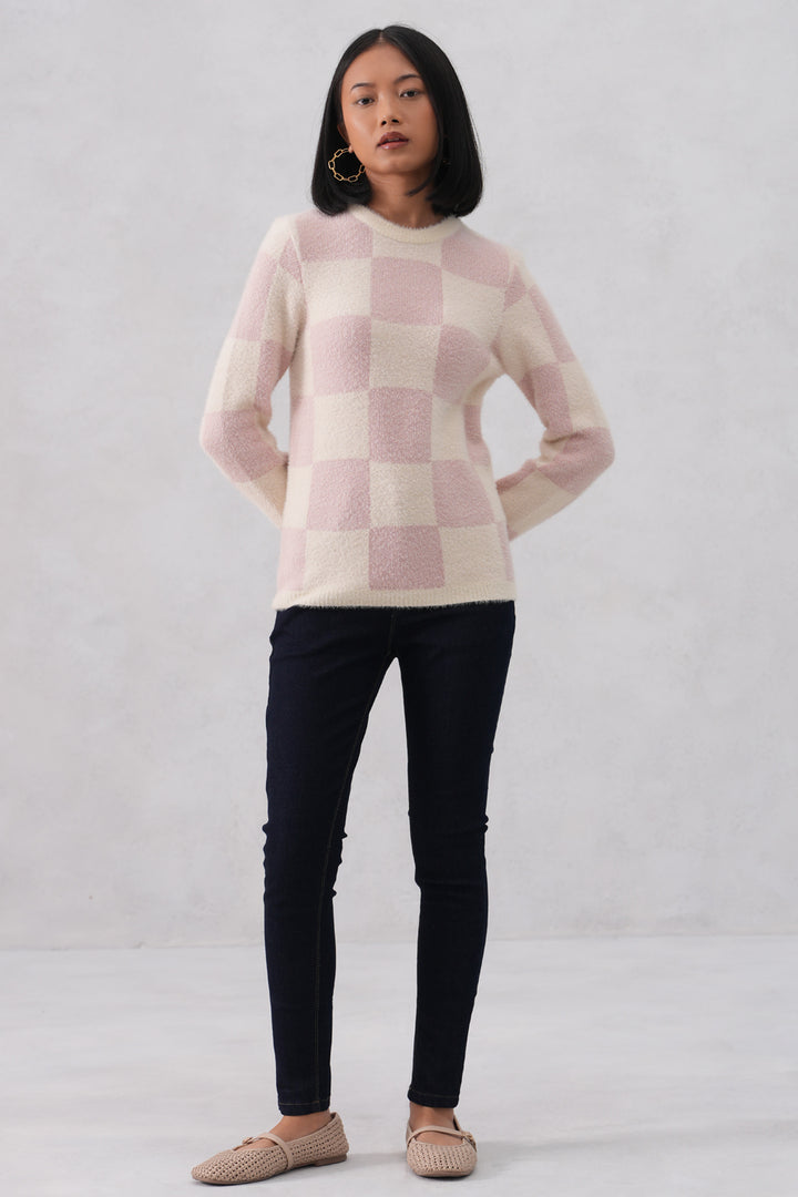 Soft Pink Cozy Check Sweater