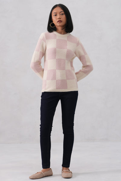 Soft Pink Cozy Check Sweater