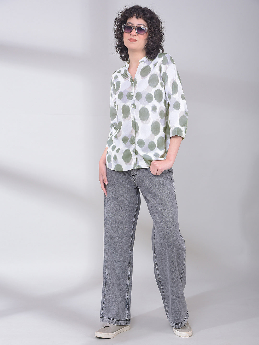 Sage Green Polka Dot Casual Shirt-Women Shirts-Crimsoune Club