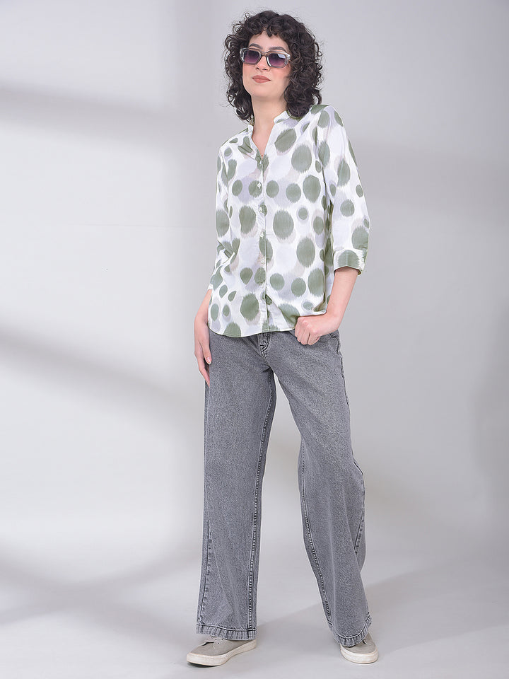 Sage Green Polka Dot Casual Shirt-Women Shirts-Crimsoune Club