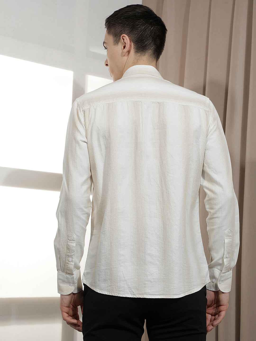 Beige Vertical Stripes 100% Cotton Shirt