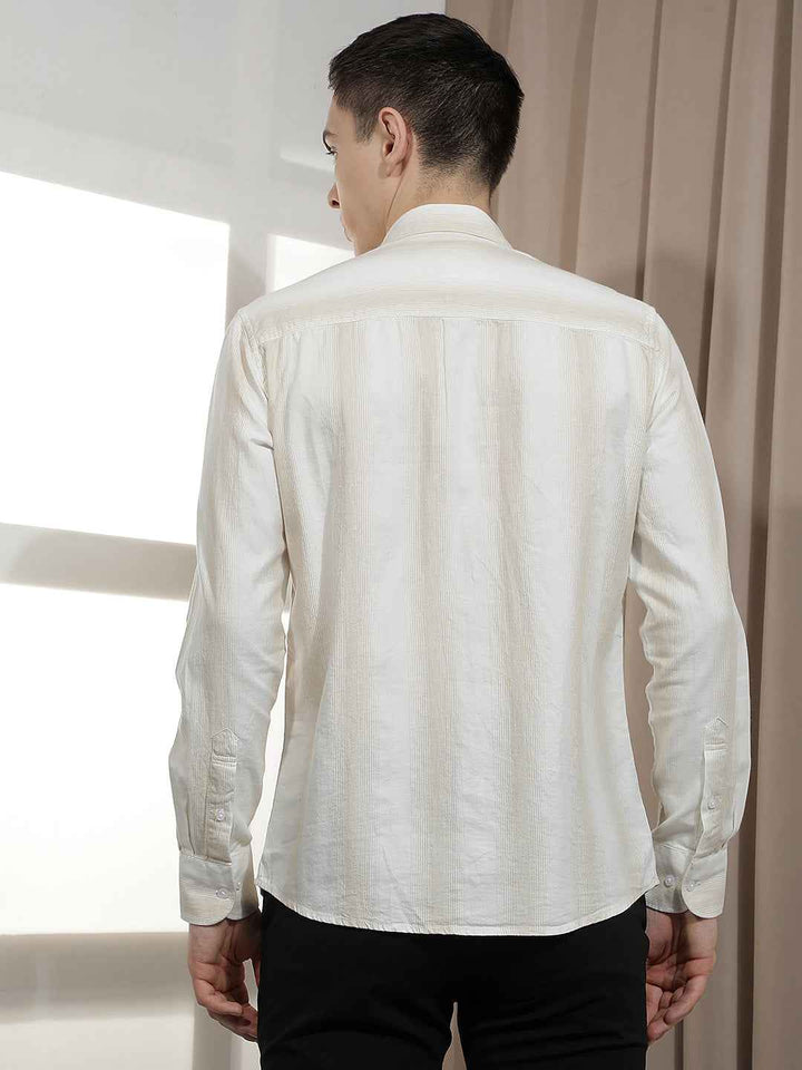 Beige Vertical Stripes 100% Cotton Shirt