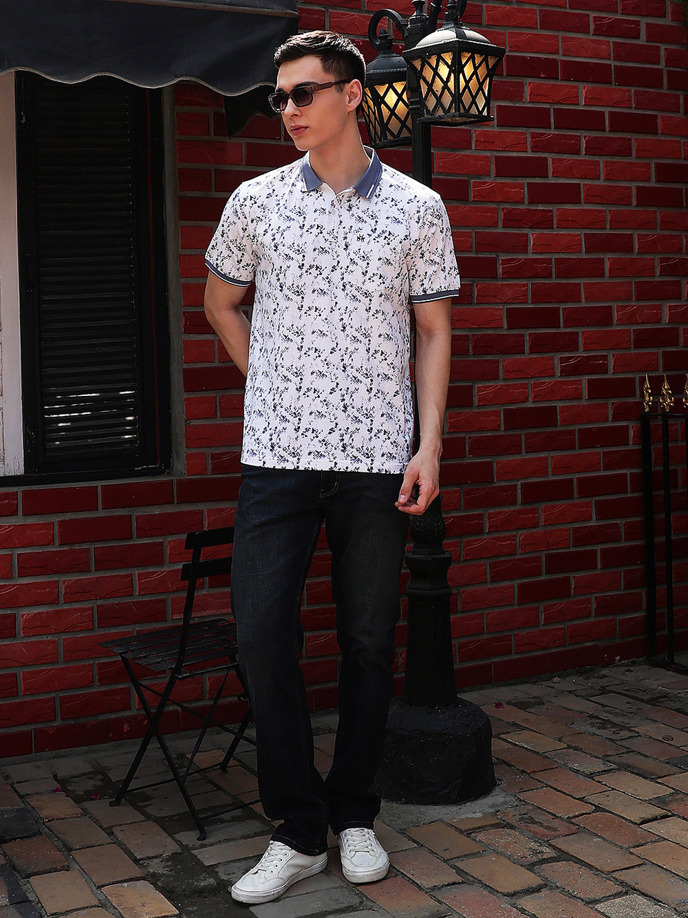 Blue Printed Polo Neck T-Shirt