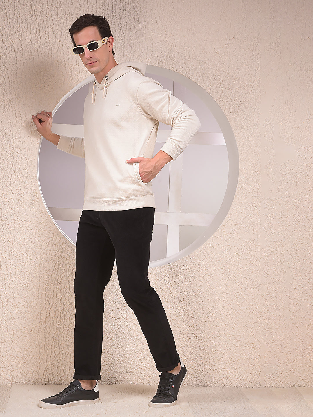 Off White Jacquard Hooded Neck Sweatshirt