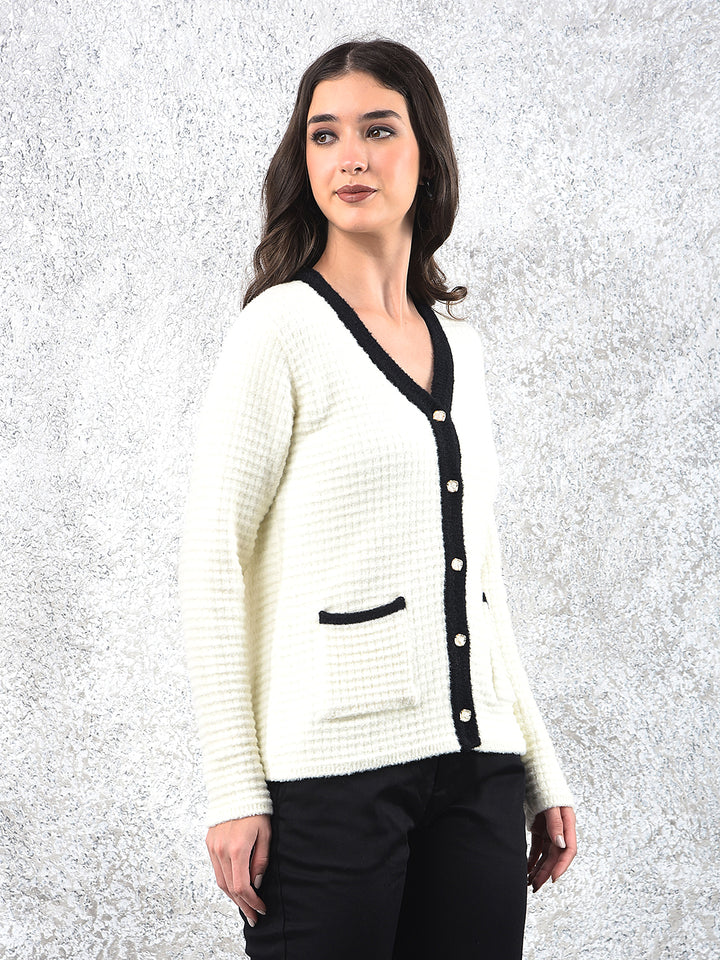 Off White V-Neck Jacquard Sweater