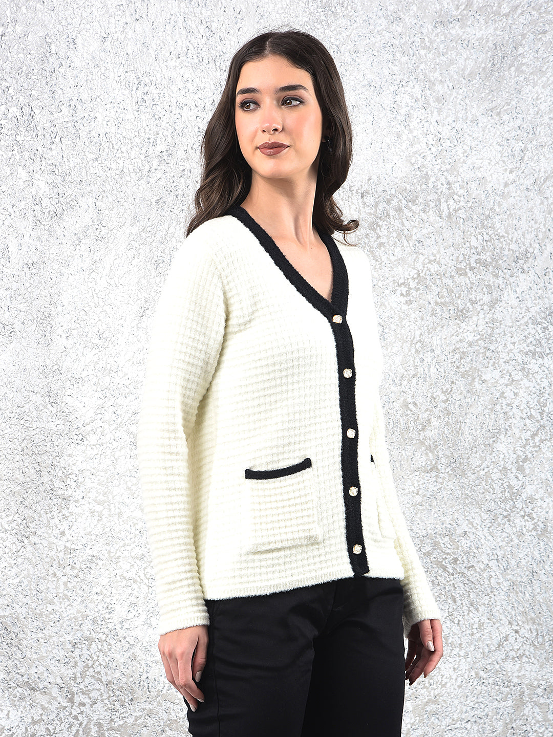 Off White V-Neck Jacquard Sweater