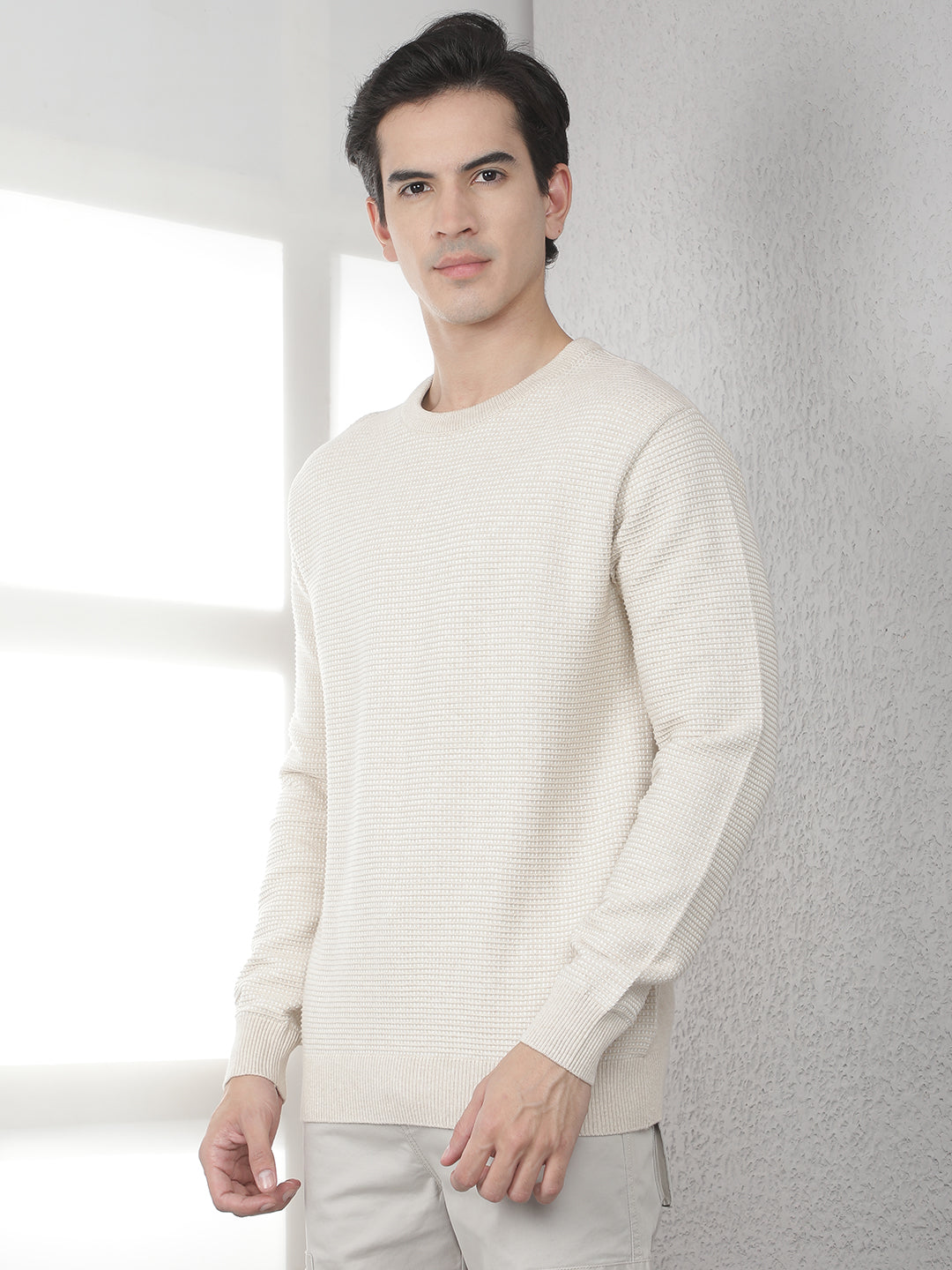Beige 100% Cotton Textured Round Neck Sweater