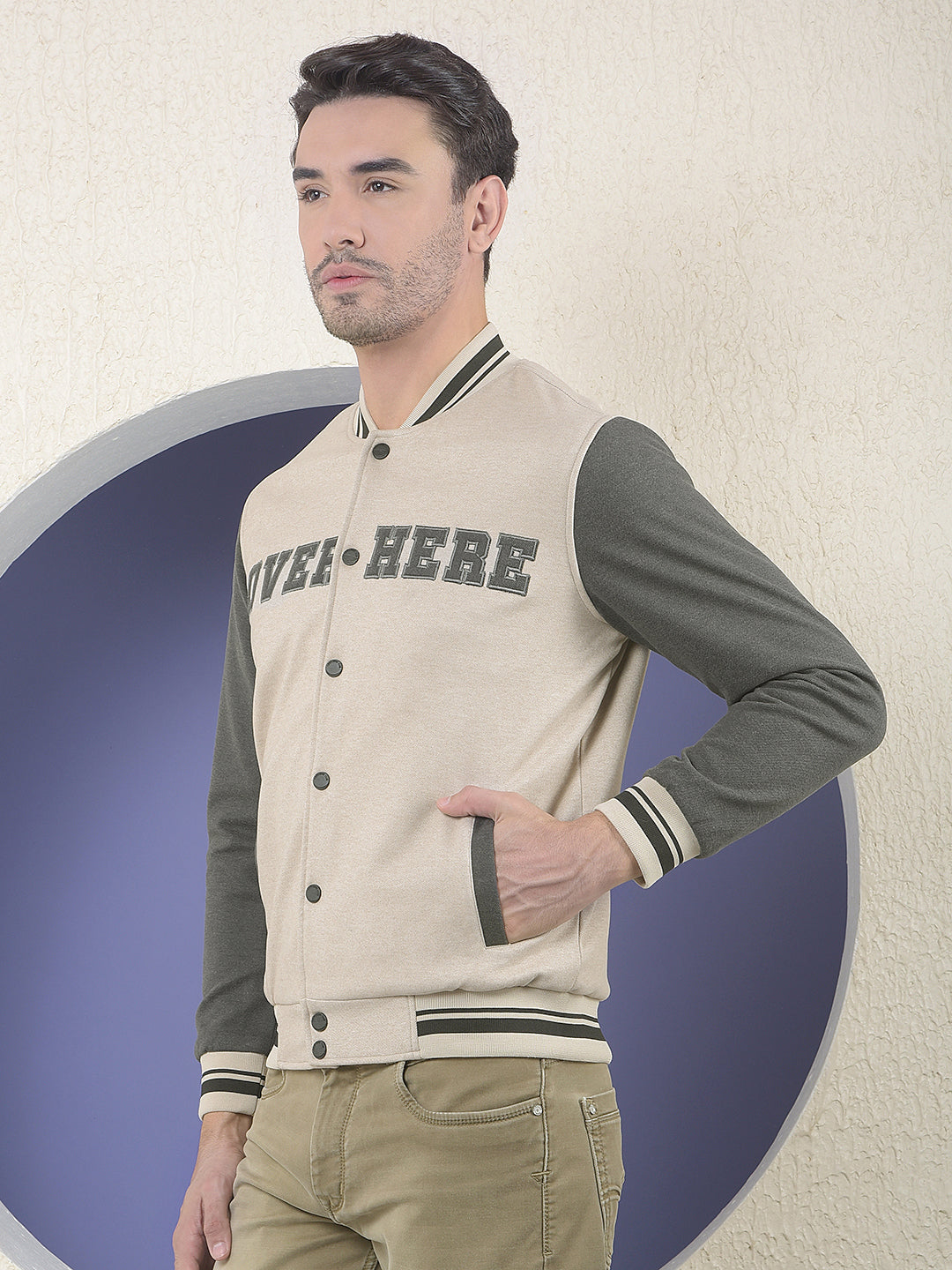 Beige Varsity Shacket With Slogan Printed