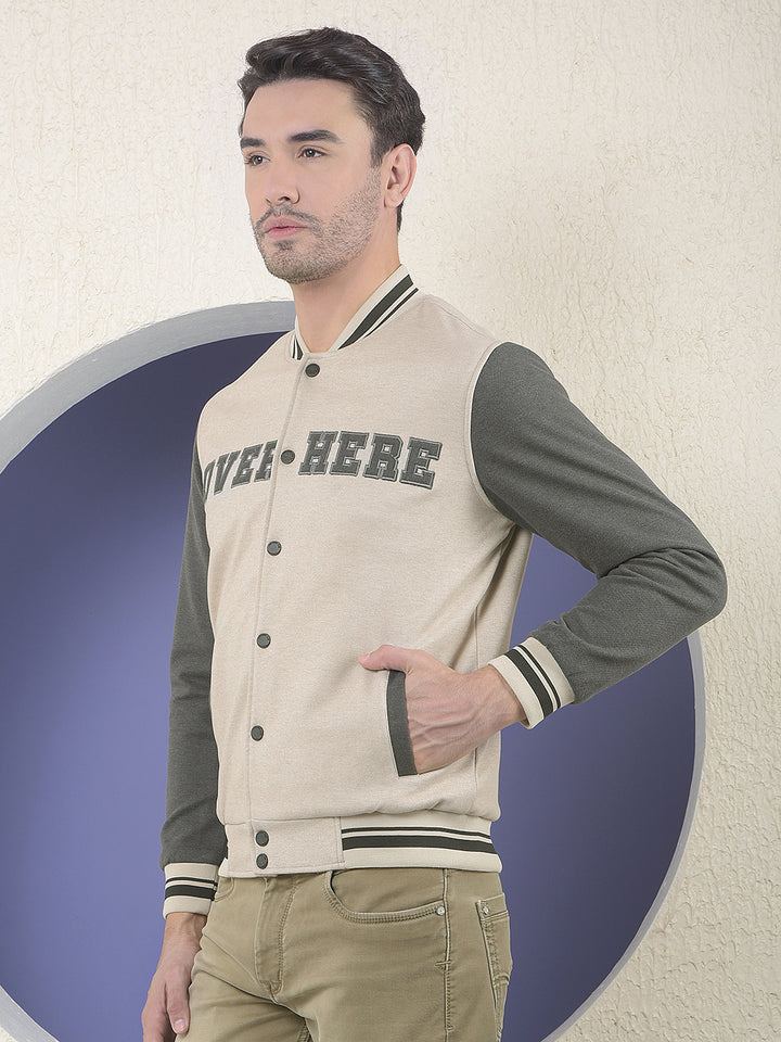 Beige Varsity Shacket With Slogan Printed