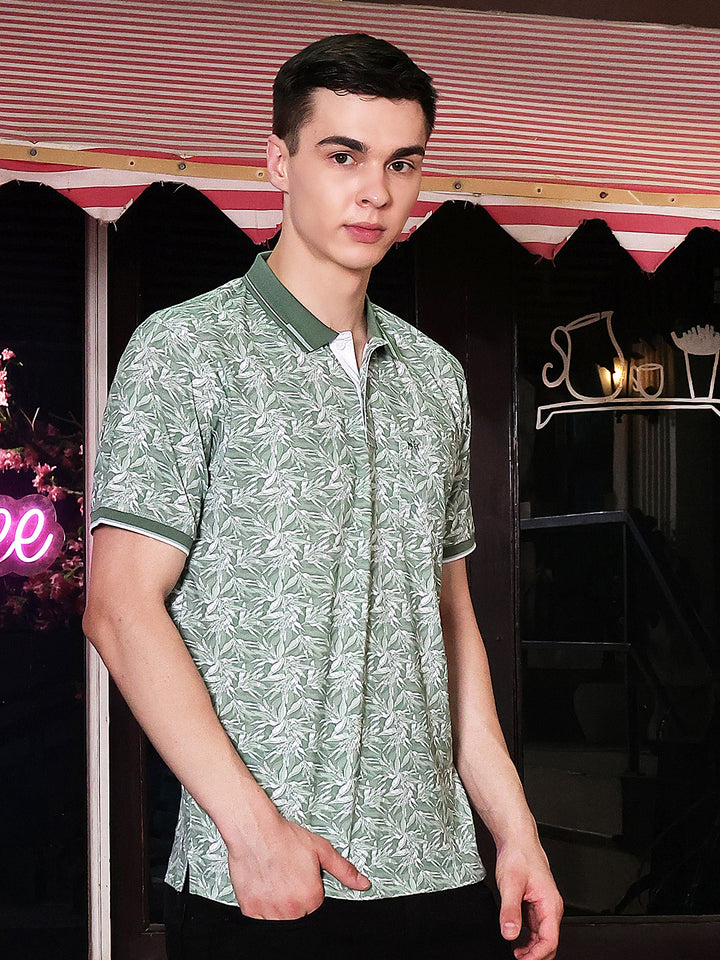 Green Botanical Print Polo Neck T-Shirt