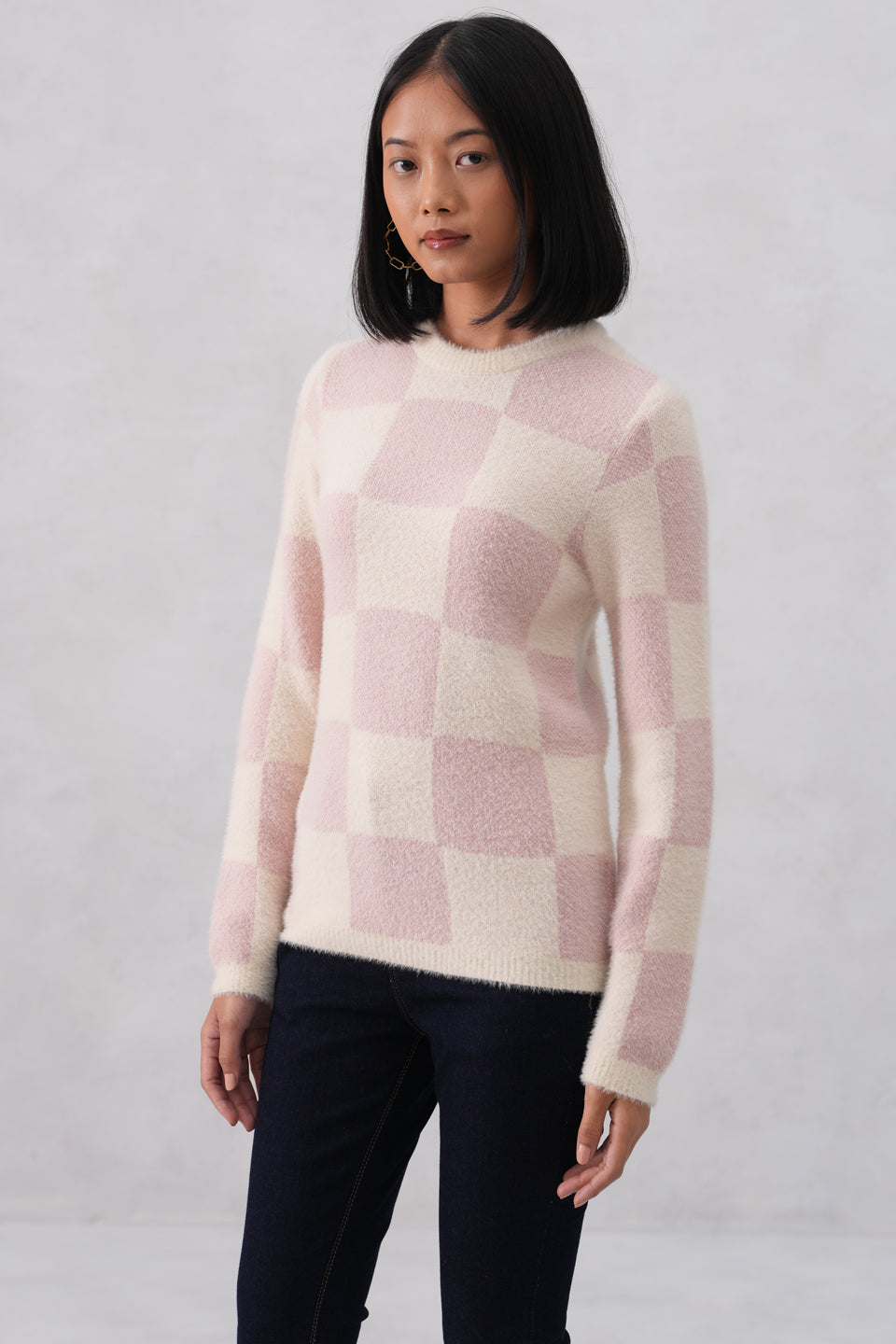 Soft Pink Cozy Check Sweater