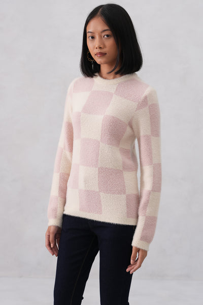 Soft Pink Cozy Check Sweater