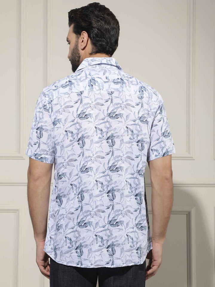 Blue Floral Print Linen Shirt