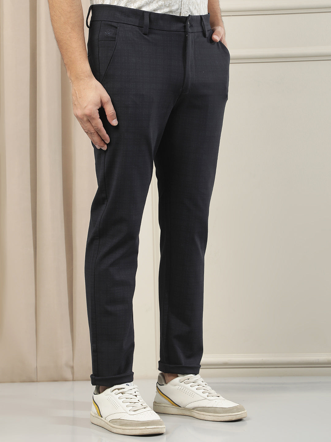 Navy Blue Checked Knitted Trousers