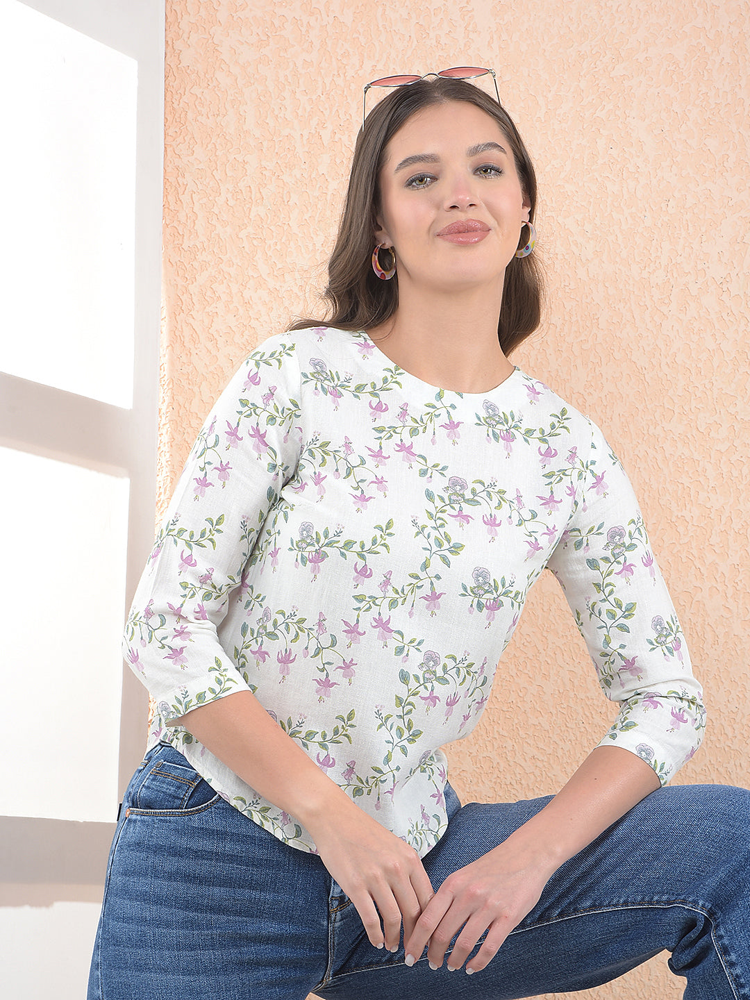 Purple Floral Print Linen Top