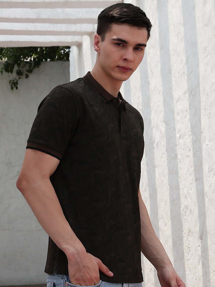 Brown Printed Polo Neck T-Shirt