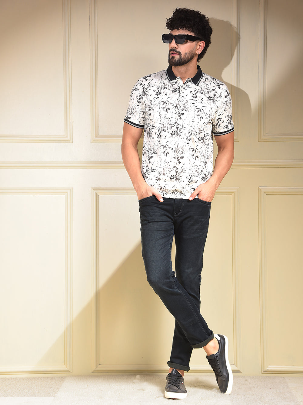 Black Floral Print Polo-Neck T-Shirt